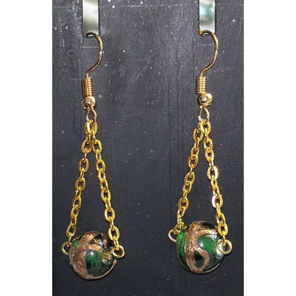Lampwork GREEN Glass Bead Pierced Earrings Gold 1.5" by Sacred Feather‎ Traders